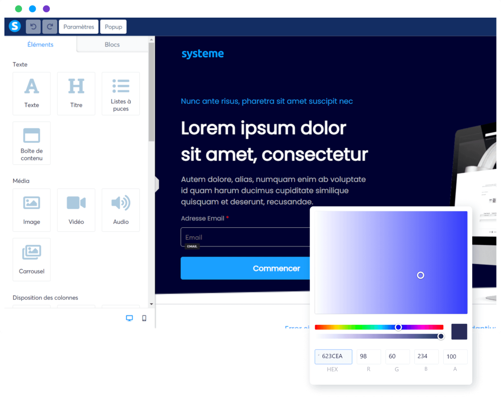 Capture d'écran de l'éditeur de page de Systeme.io, illustrant la simplicité du système en glisser-déposer pour créer un tunnel de vente.