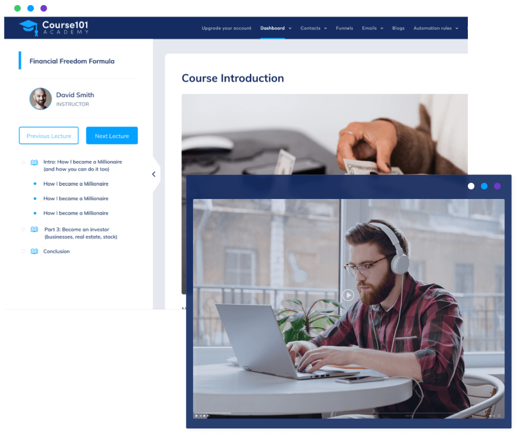 Exemple d'un espace membre professionnel pour une formation en ligne créée avec Systeme.io, montrant le lecteur vidéo et la navigation des cours.