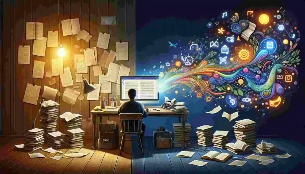 Image illustrant comment créer un ebook avec l'ia : une comparaison avant/après montrant le passage du chaos manuel à un flux de travail créatif et fluide