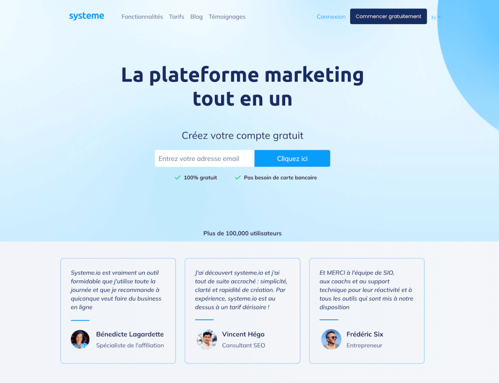 Exemple d'une page de capture efficace pour un tunnel de vente, avec un titre percutant et un formulaire d'inscription simple pour commencer gratuitement.