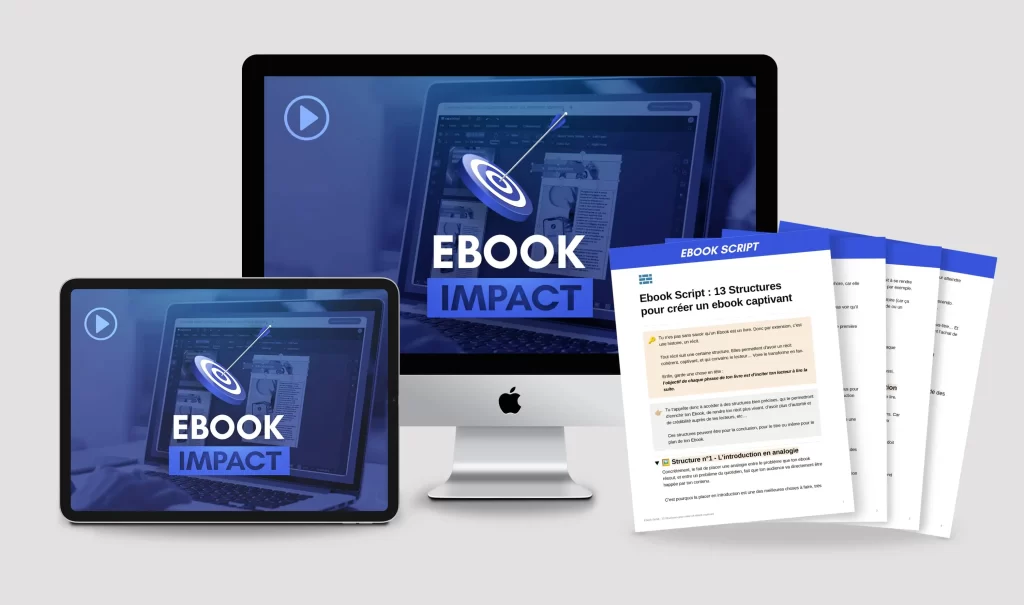 Présentation du logiciel SonicBook sur un ordinateur et une tablette avec un guide de création d'ebook.